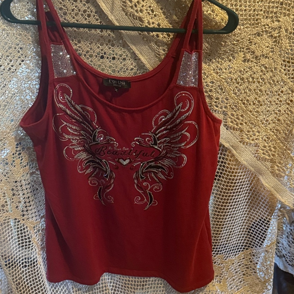EGO Red Embellished Tank Top. ‘Be your own Beautiful’